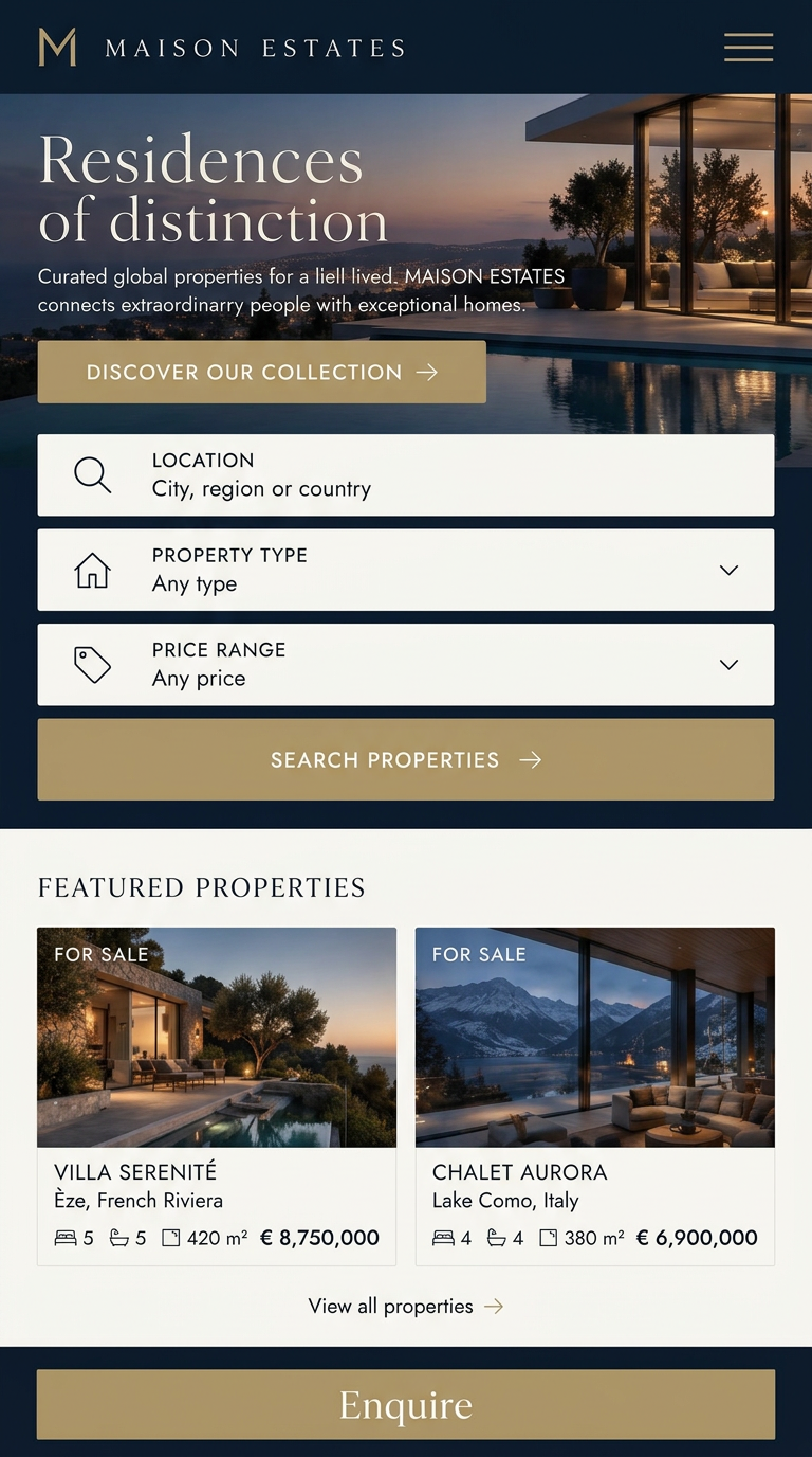 Maison Estates — mobile homepage concept