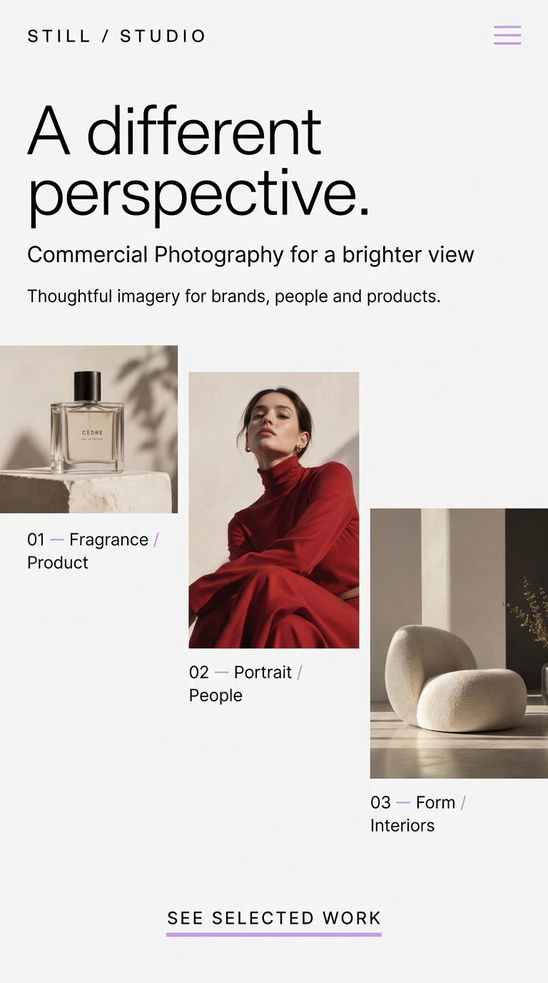 Still / Studio — mobile homepage concept