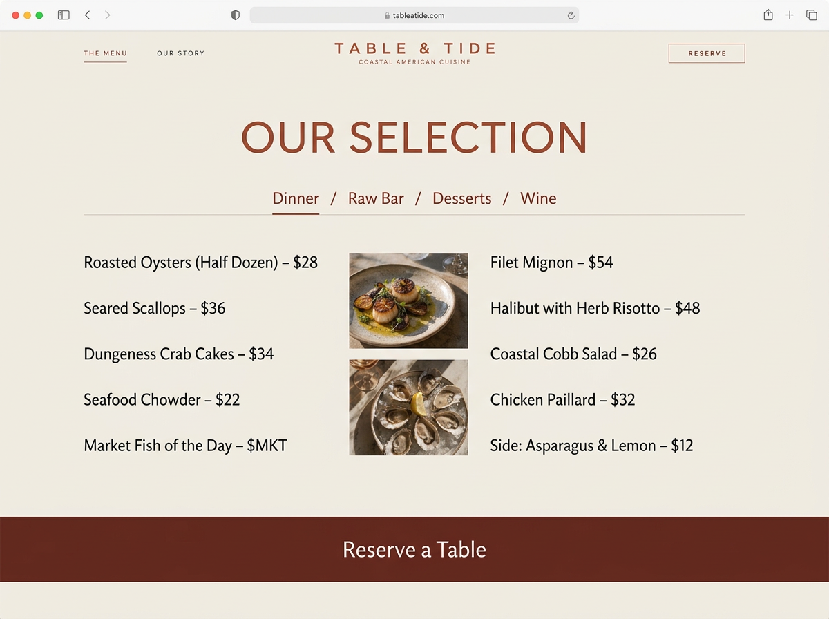 Table & Tide — Menu concept